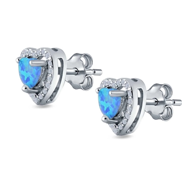 Dainty Simulated Blue Opal Earrings set in Silver Overlay Adorned with Zirconia - Picture 3 of 5